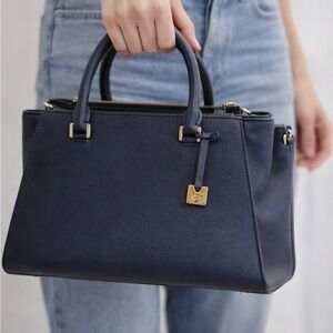 MCM Navy Blue Leather Satchel w/ Strap & Gold Hardware